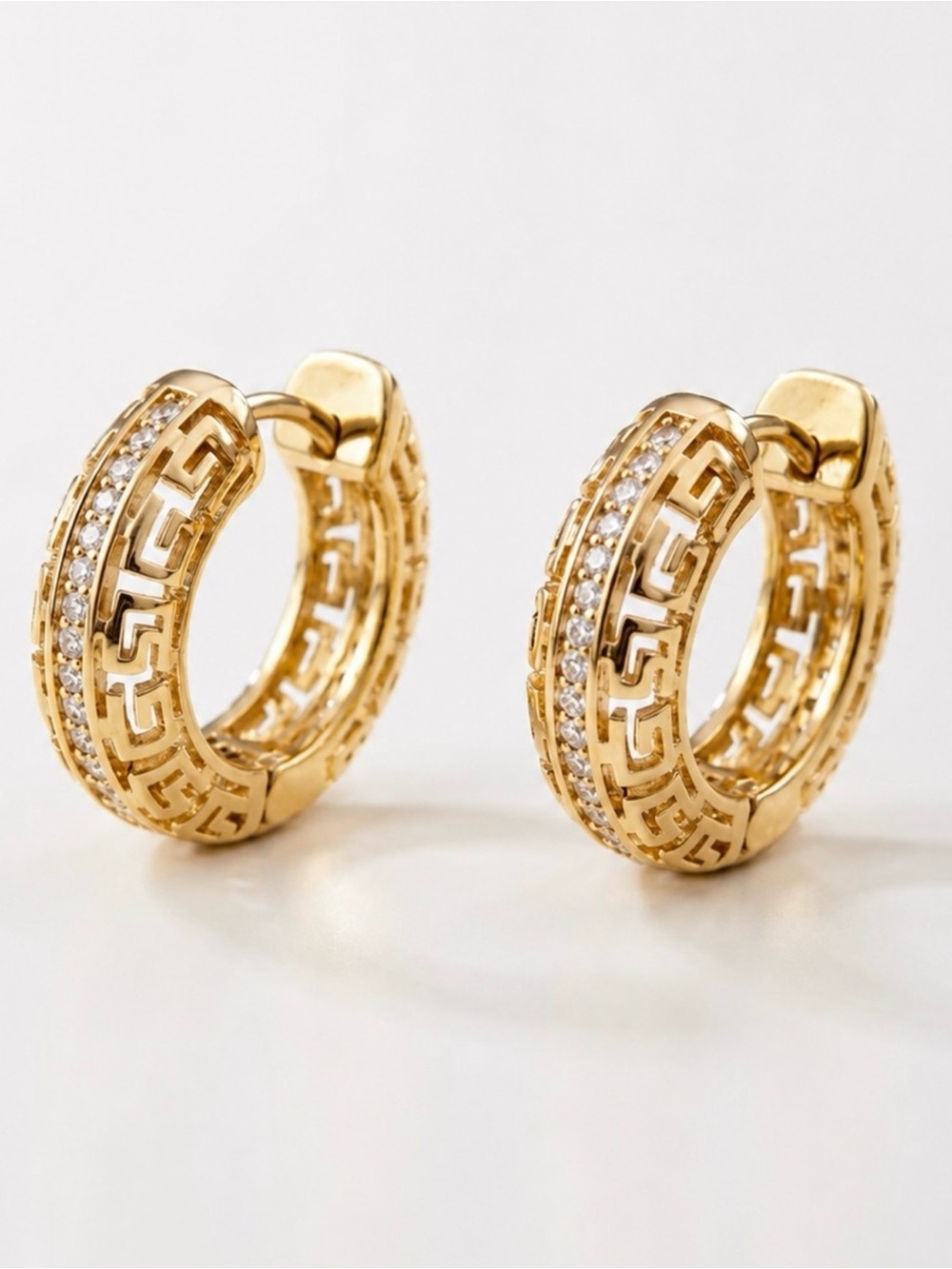 14K Gold Plated Greek Key Hoop Earrings Rhodium Accent Water Resistant